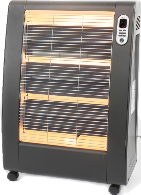 AIRREX AH-720 Elektro-Infrarotstrahler von Rex Nordic, freigestellt mit glühenden Heizstäben: 2,8 kW an 230 Volt für Arbeitsplätze und Flächen von 10 bis 100 Quadratmetern.