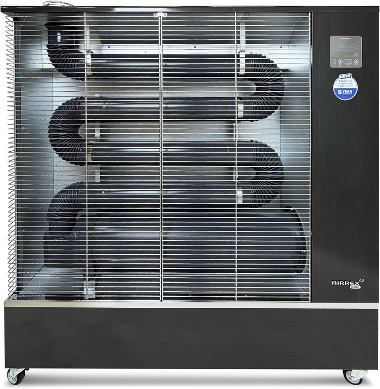 AIRREX AH-900i Diesel-Infrarotheizung von Rex Nordic, freigestellte Frontansicht auf Lenkrollen: drei Reihen Heizrohre hinter dem Lamellengitter, 19 bis 24 kW für Hallen bis 2.400 Kubikmeter.