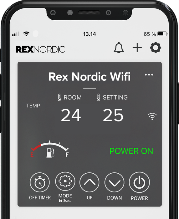 Rex Nordic WiFi App auf einem Smartphone: Raumtemperatur 24 Grad, Solltemperatur 25 Grad, Füllstandsanzeige und Betriebsstatus der AIRREX Infrarotheizung.