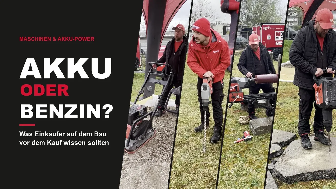 Vier Akku-Baugeräte im Einsatz: Rüttelplatte, Bohrhammer, Kernbohrgerät und Abbruchhammer, daneben der Titel Akku oder Benzin?