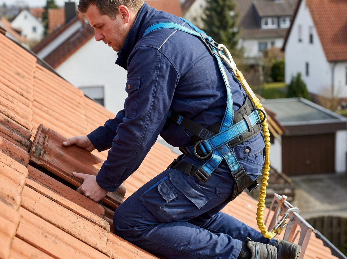 Dachdecker auf einem Ziegeldach trägt einen Auffanggurt mit Falldämpfer-Verbindungsmittel bei der Dacharbeit