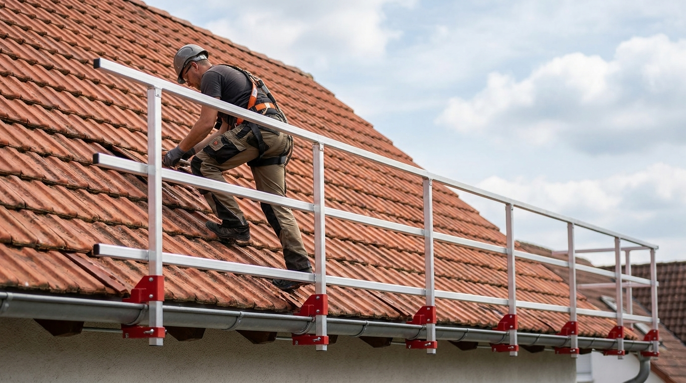Dachdecker auf einem Ziegeldach, davor temporärer Seitenschutz mit Aluminium-Holmen und roten Verankerungsklammern an der Traufe