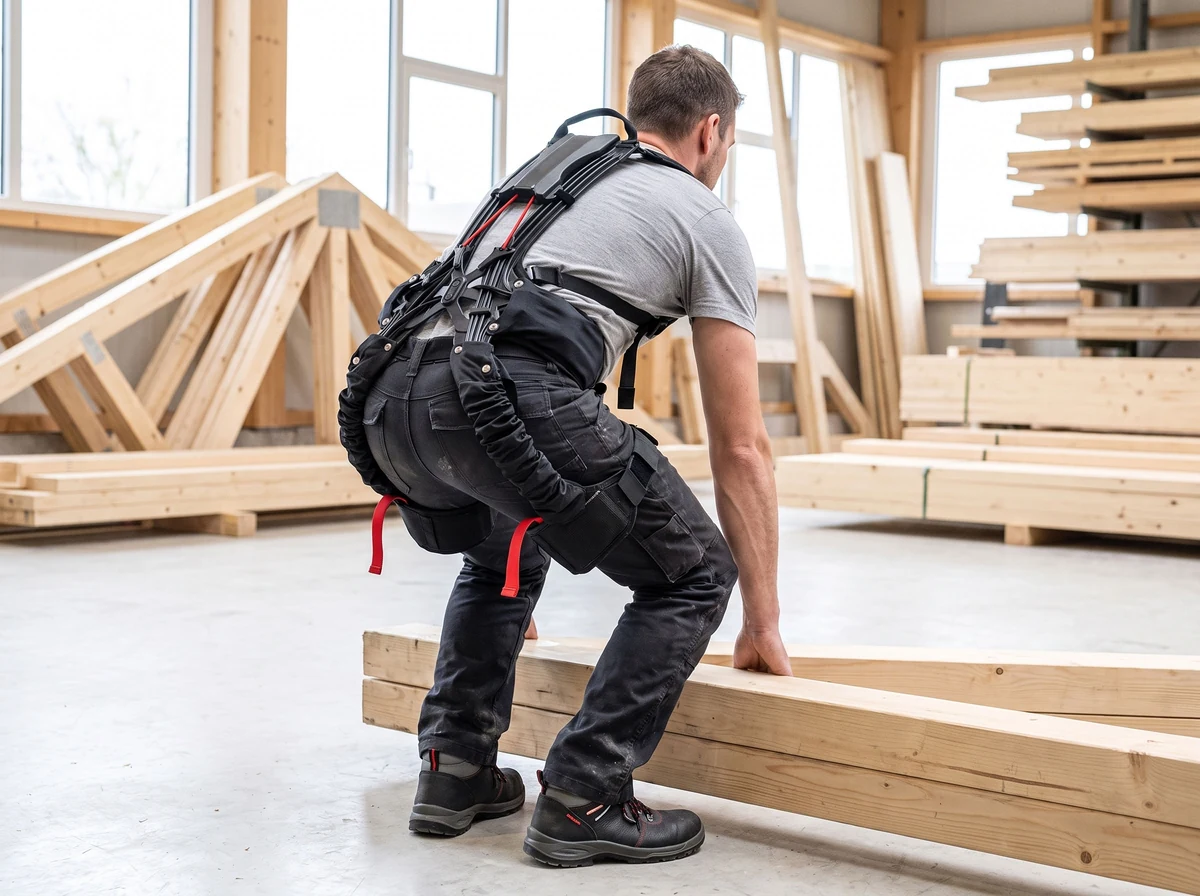 Zimmerer mit rückenunterstützendem Exoskelett hebt einen Holzbalken in einer Zimmereihalle