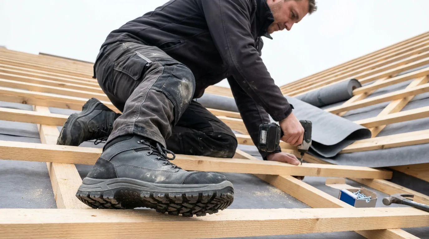Zimmerer kniet auf der Dachlattung, knöchelhoher Sicherheitsschuh im Vordergrund