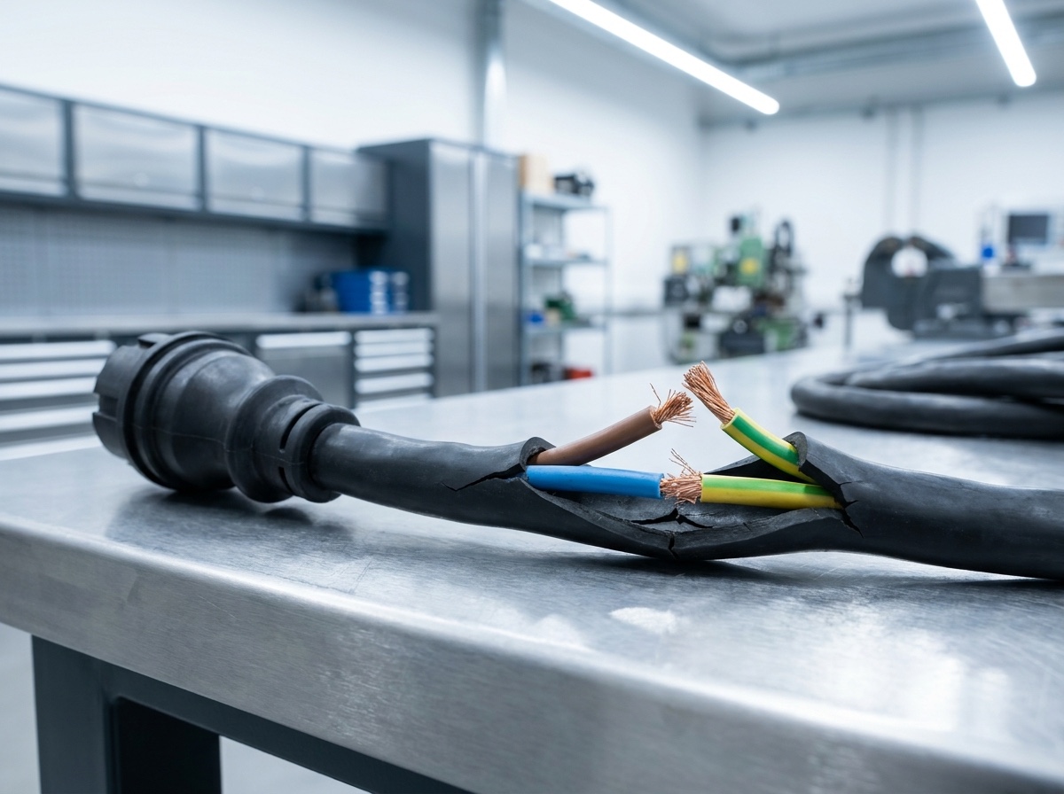 Beschädigte Anschlussleitung eines Elektrowerkzeugs mit freiliegenden Adern auf einer Werkbank