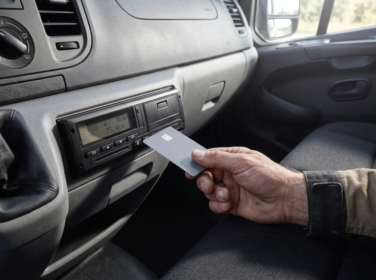 Fahrerkarte wird in den digitalen Fahrtenschreiber im Armaturenbrett eines Transporters gesteckt