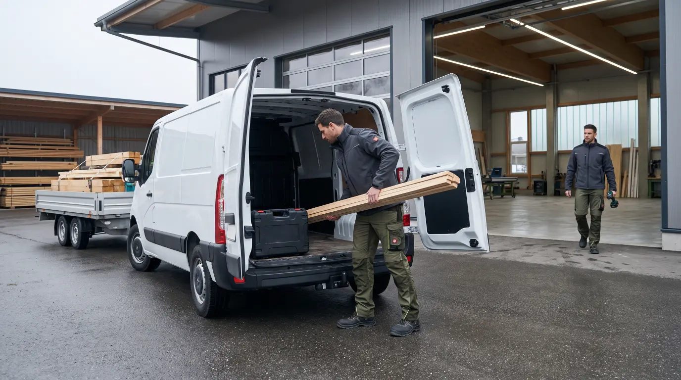 Handwerker lädt Dachlatten in einen Transporter mit Anhänger vor einer modernen Zimmereihalle
