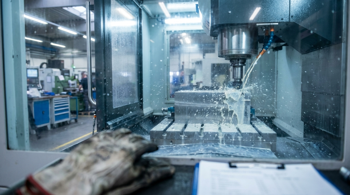CNC-Bearbeitungszentrum mit Kühlschmierstoff-Strahl, der die Zerspanzone am Stahlwerkstück flutet