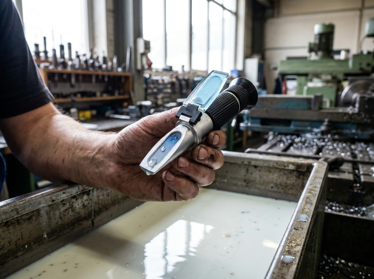 Handwerkerhand hält ein optisches Handrefraktometer über einem KSS-Tank mit milchiger Emulsion
