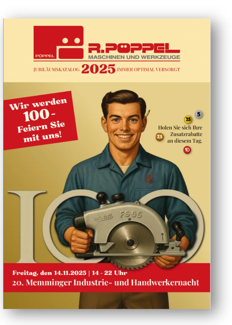 Jubiläumskatalog 2025: Maskottchen Pöppel Paul mit Mafell FS 65