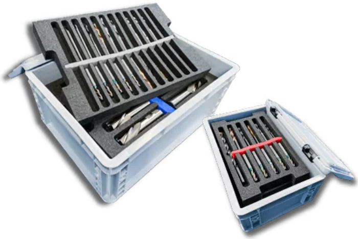 Nachschleif-Transportboxen von Rothenaicher Tools mit Schaumstoffeinlage für Zerspanungswerkzeuge
