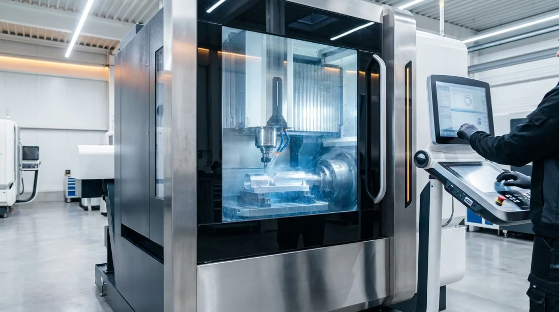 Pöppel-Techniker stellt ein Zerspanungswerkzeug direkt an der Maschine ein und prüft es mit einer Messuhr