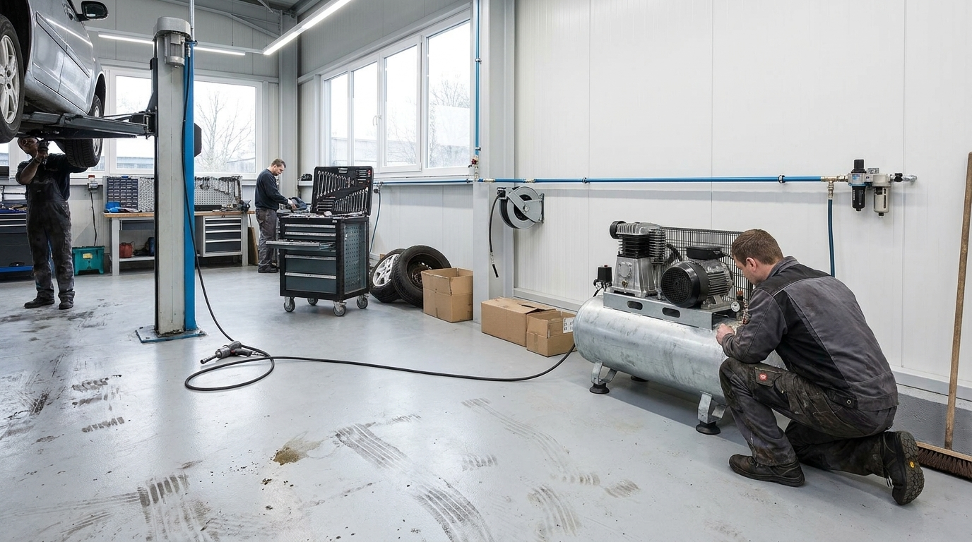 Techniker an einer fest installierten Druckluftanlage mit Ringleitung in einer Kfz-Werkstatt