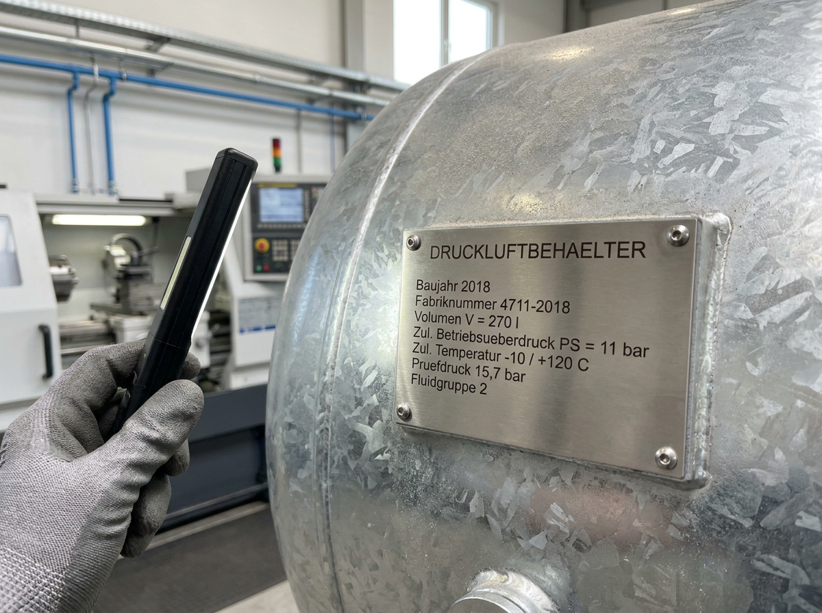 Typenschild eines Druckluftbehälters mit Volumen und zulässigem Betriebsüberdruck