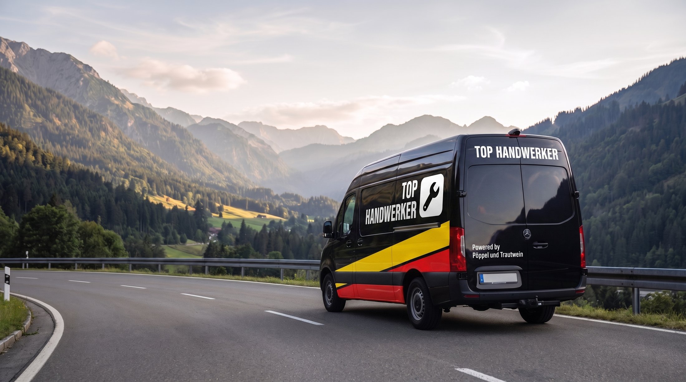 Beklebtes Servicefahrzeug eines Handwerksbetriebs auf einer Bergstraße im Allgäu