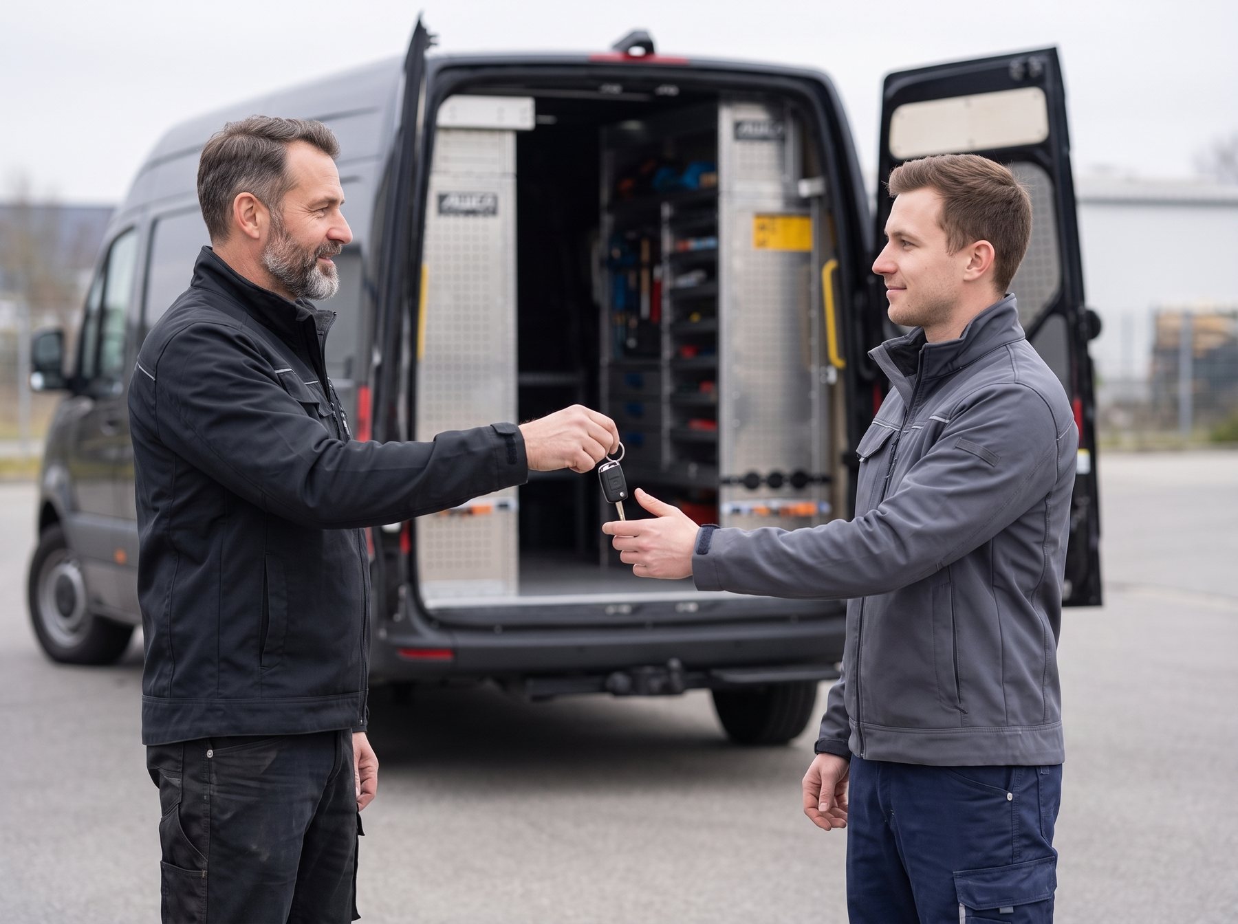 Schlüsselübergabe vor dem fertig bestückten Servicefahrzeug