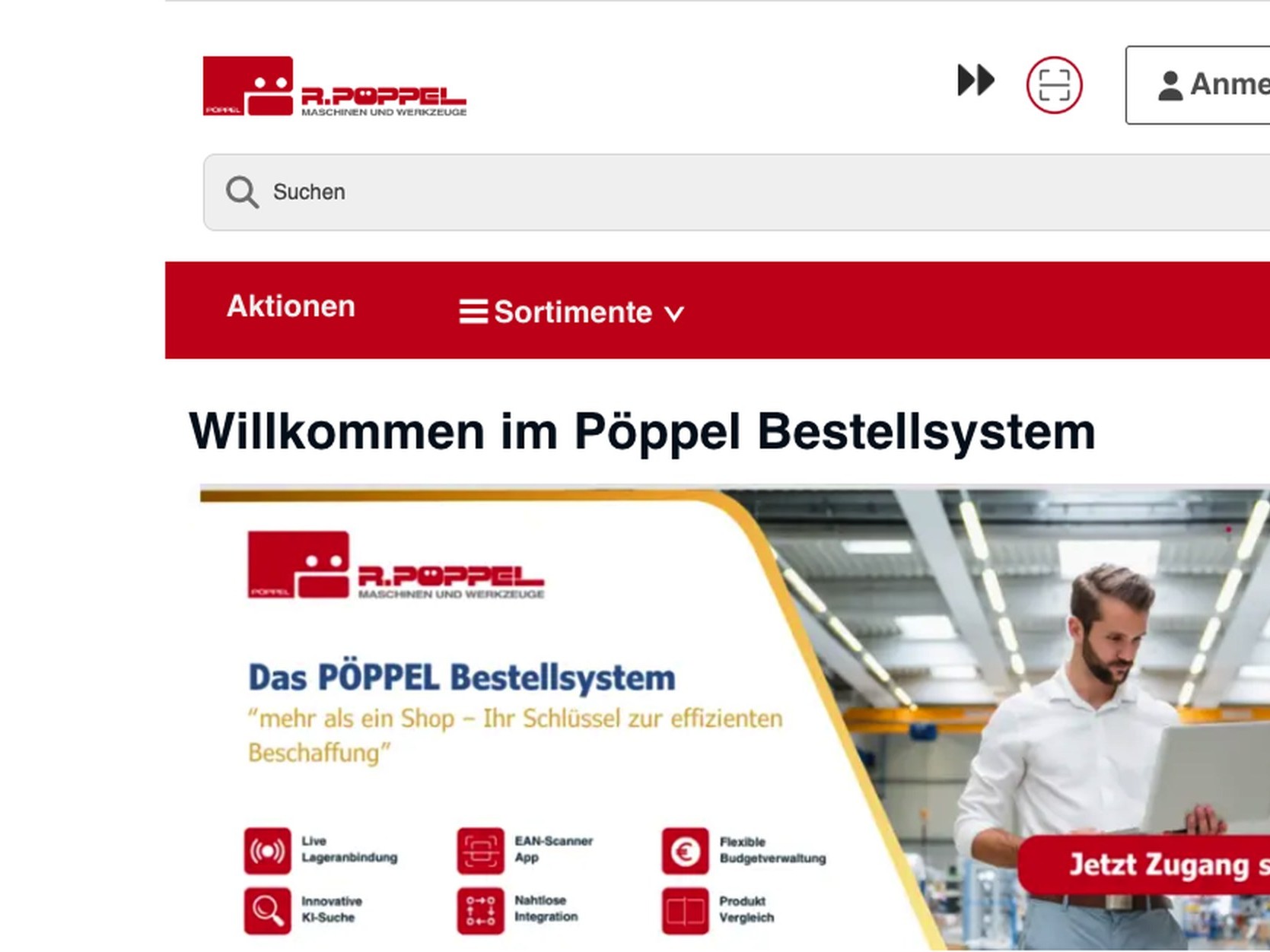 Startseite des Pöppel-Bestellsystems mit Live-Lageranbindung, EAN-Scanner-App und Budgetverwaltung