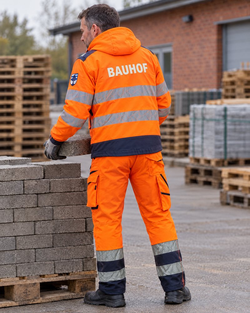 Mitarbeiter eines Bauhofs von hinten und seitlich beim Schaufeln von Schotter, auf dem Rücken der Jacke die Aufschrift BAUHOF und ein erfundenes Wappen am linken Ärmel