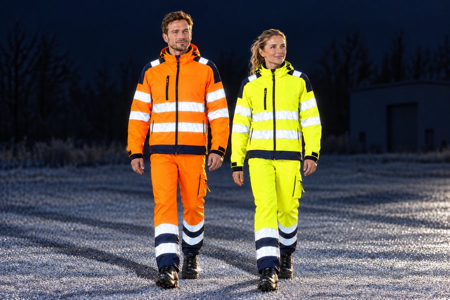 Mitarbeiter in orangefarbener und Mitarbeiterin in gelber Warnschutzjacke und Warnschutzhose bei Nacht, von Scheinwerfern angestrahlt, die Reflexstreifen leuchten, Symbolbild (KI-generiert)