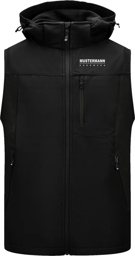 FHB Softshell-Weste JUSTUS, Vorderansicht, mit Beispiellogo Mustermann