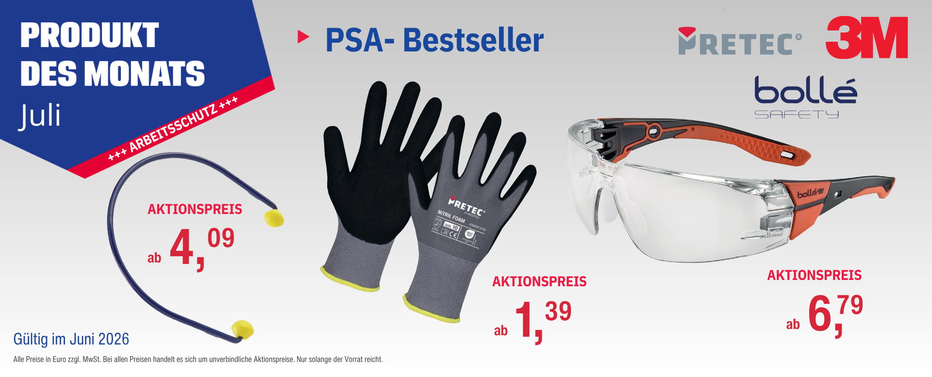 PSA-Bestseller Juli 2026 – Hörschutz, Handschuhe und Schutzbrille von PRETEC, 3M und bollé bei Pöppel