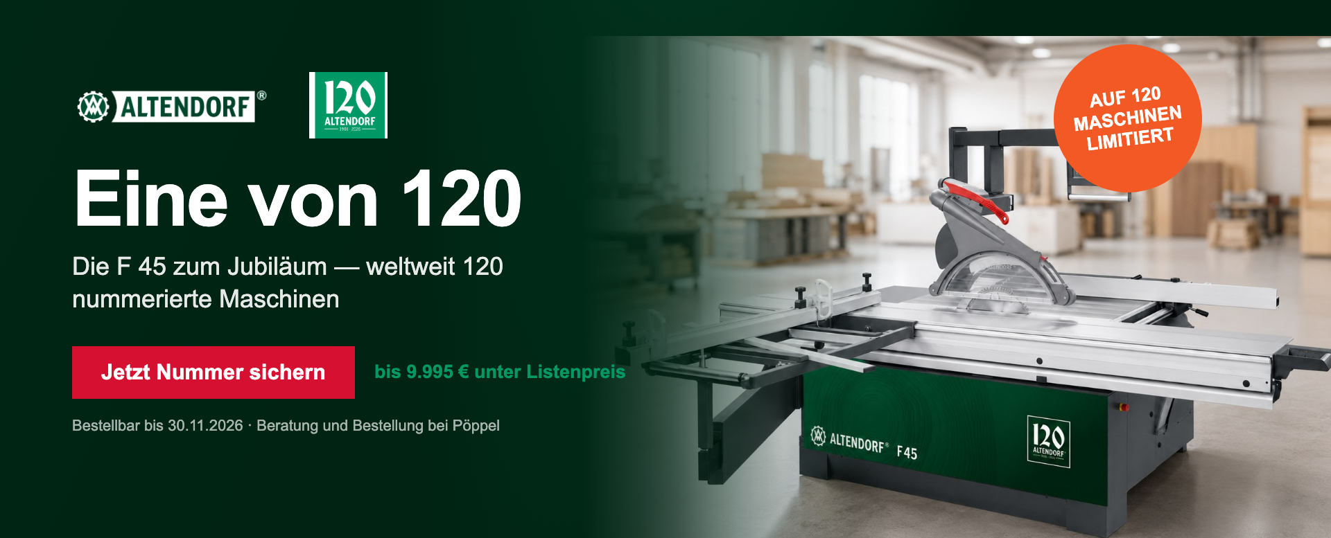 Altendorf F 45 Jubiläums-Edition – weltweit nur 120 nummerierte Formatkreissägen, bis zu 9.995 € unter Listenpreis bei Pöppel in Memmingen