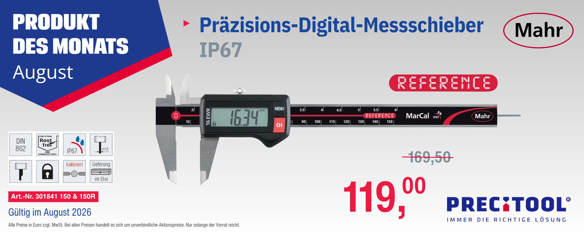 Produkt des Monats August 2026: Digital-Messschieber Mahr MarCal IP67 zum Aktionspreis 119,00 EUR bei Pöppel Memmingen