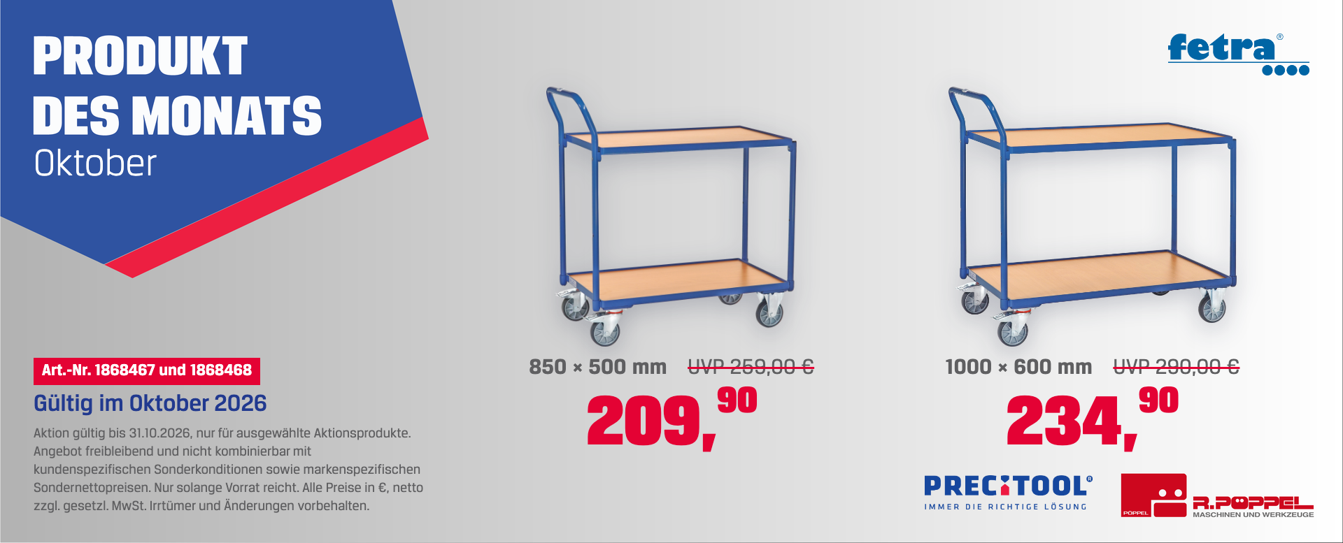 Produkt des Monats Oktober 2026: FETRA Leichter Tischwagen, 2 Böden, 300 kg, ab 209,90 € netto bei Pöppel Memmingen