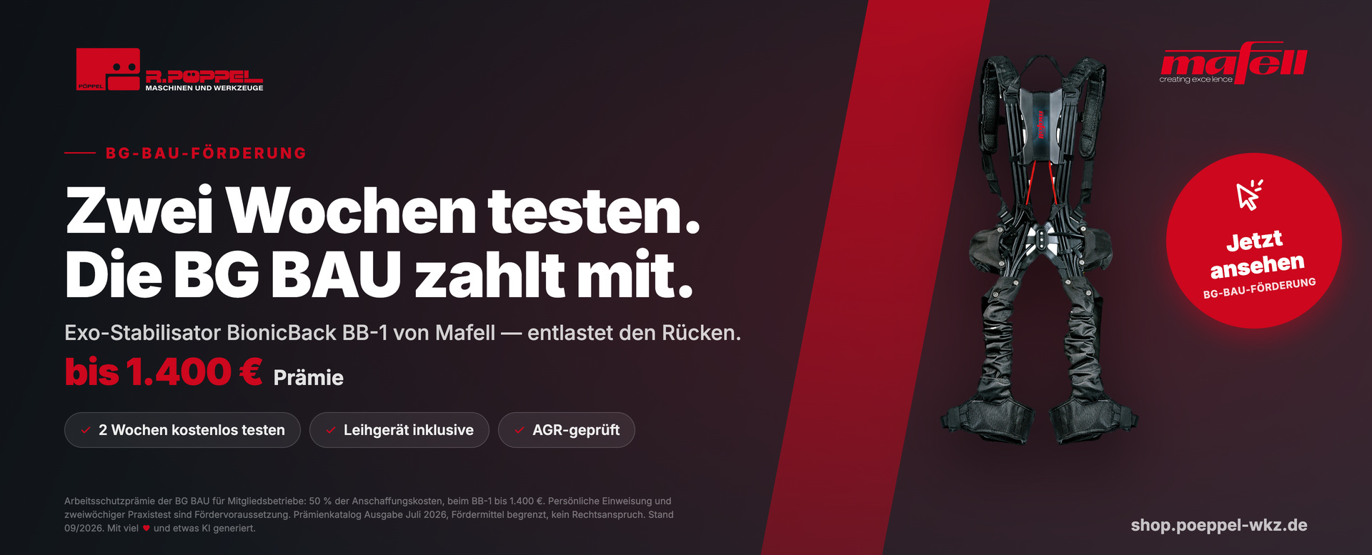 Mafell BionicBack BB-1 zwei Wochen kostenlos testen – BG-BAU-Prämie bis 1.400 Euro bei R. Pöppel in Memmingen