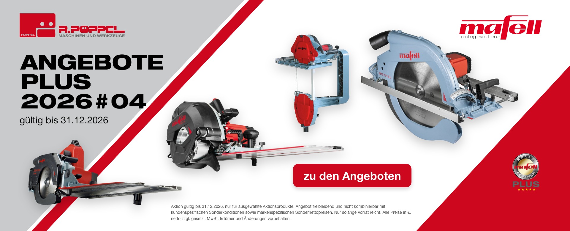 Mafell AngebotePLUS 2026#04 bei Pöppel Memmingen: Zimmerei-Handkreissäge MKS 185 Ec, Z 5 Ec, NFU 50, KSS 40 18M bl