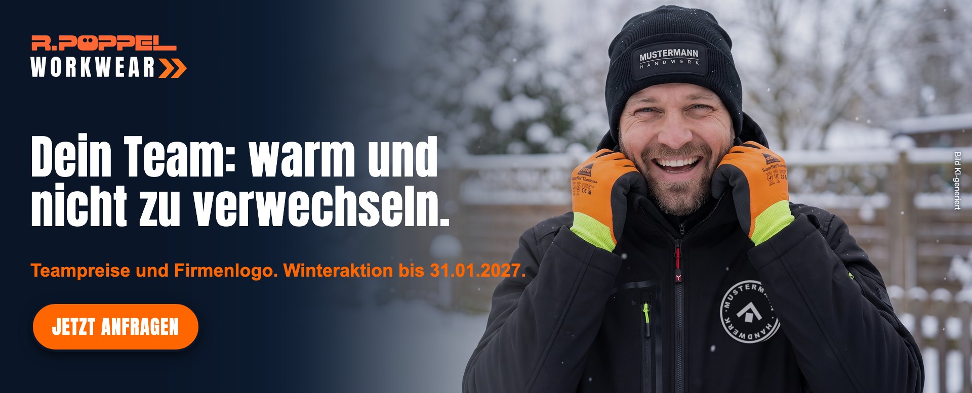 Warme Teamkleidung mit Firmenlogo: Winteraktion bei R. Pöppel Memmingen mit Teampreisen, Aktion bis 31. Januar 2027 (Bild KI-generiert)