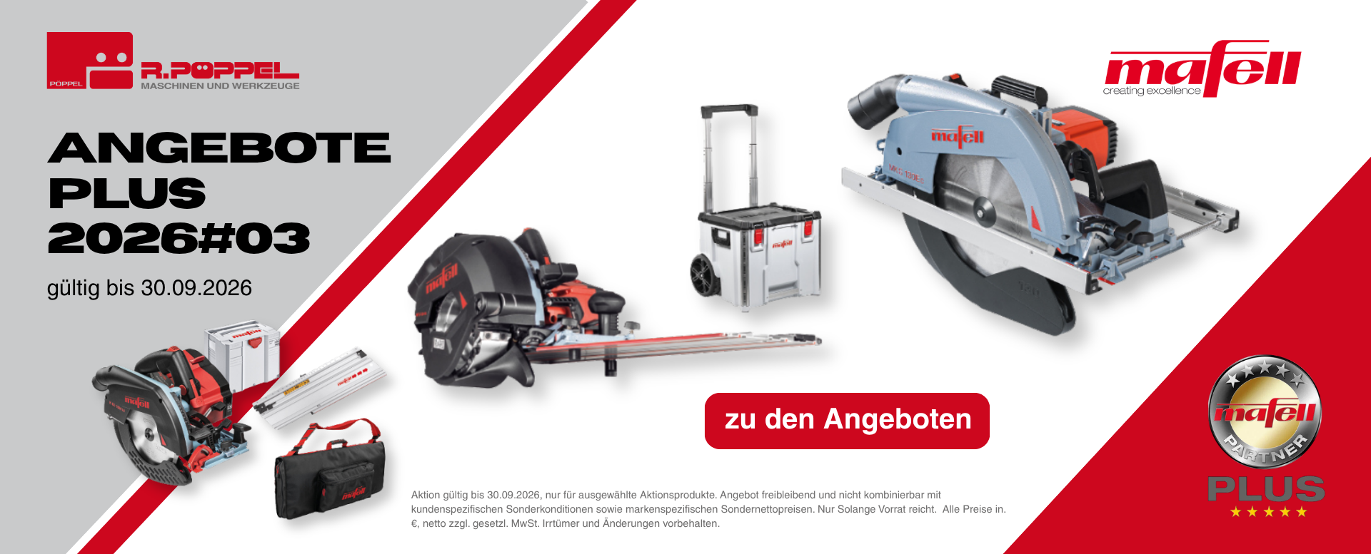 Mafell AngebotePLUS Juli–September 2026 – Sonderpreise auf Profi-Maschinen bei Pöppel